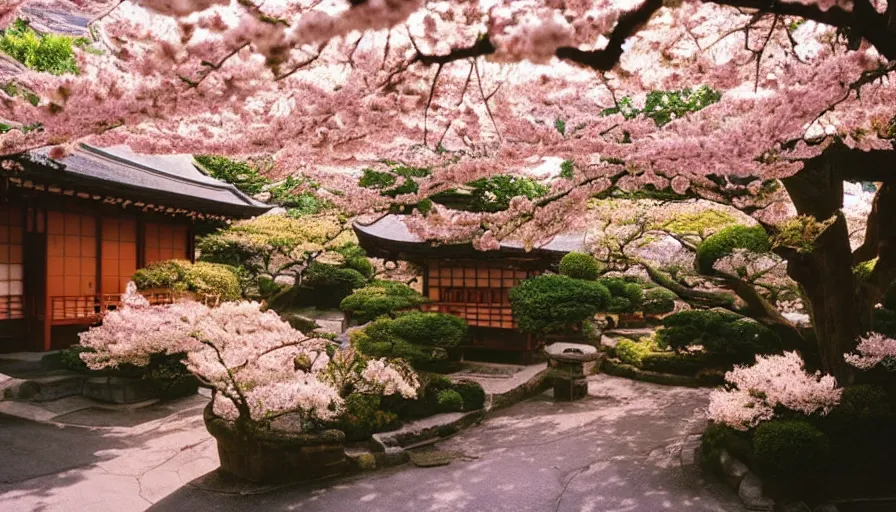 Prompt: 1 9 9 0 s candid 3 5 mm photo of a beautiful day in the a dreamy flowery japanese cottage, cinematic lighting, cinematic look, golden hour, a desk for flower arrangements has sun shinning on it through a window, temple and cherry blossoms in the distance, photographed by petra collins, magical details and glowing lights, uhd