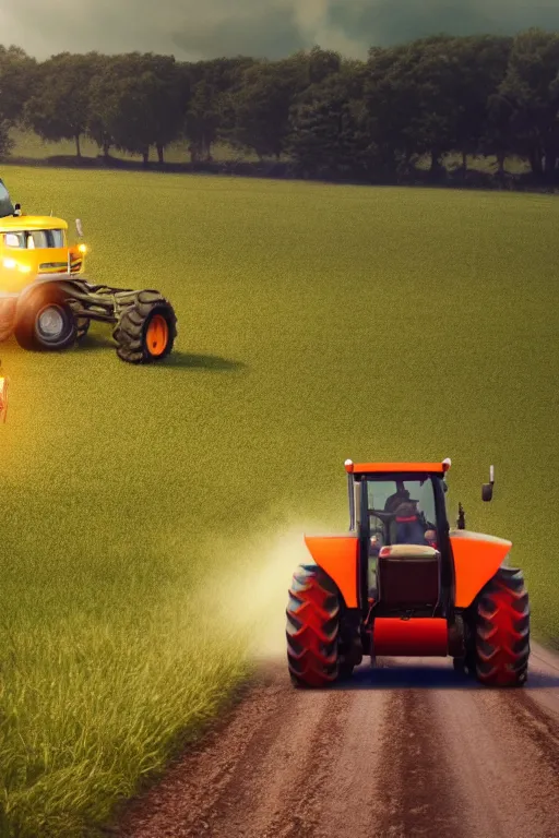 Image similar to film still of a pixar movie with a dutch farmer on a tractor on the highway, glamour pose, dramatic lighting, octane, volumetric lighting, 8 k