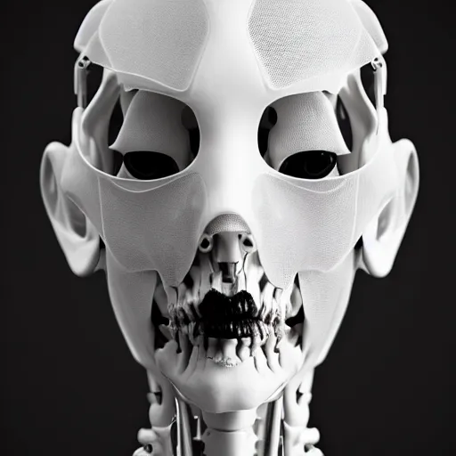 Image similar to black and white dreamy foggy smoky profile face portrait, single skeletal biomechanical beautiful young female cyclops - cyborg - robot bust, body ribs meshes, ray - traced, volumetric light, rim light, by dora maar and cecile beaton, big gothic fashion pearl embroidered collar, 8 k