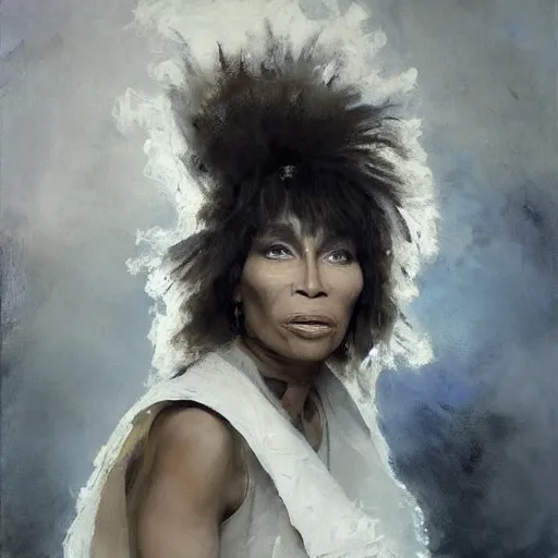 Prompt: Papier Mache Biopunk Tina Turner conceals her brain and spinal interdimensional parasite whilst wearing a white labcoat acrylic painting edouard riou ruan jia greg rutkowski achille beltrame