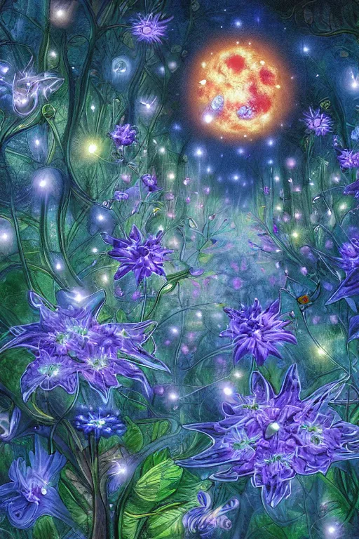 Image similar to beautiful digital matter cinematic painting of whimsical botanical illustration blue flowers moon fireflies tenchanted dark background, whimsical scene by alex grey artstation