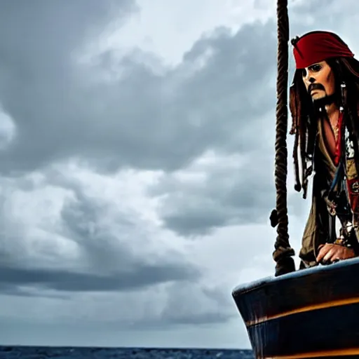 Image similar to jack sparrow on the black pearl looking out on an endless dark ocean with an ominous thunder cloud coming towards to the ship