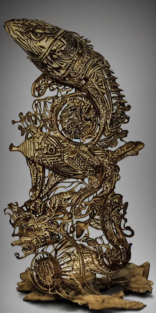 Prompt: animal fish machine sci - fi totem, carved from wood metal and translucent plastic, intricate details, tribal designs, cinematic, volumetric lighting