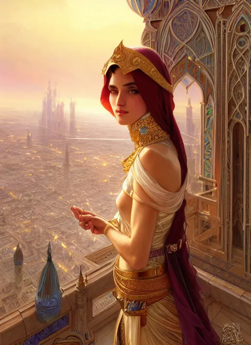 Prompt: an arabian princess looking over her city, shiny, fantasy, intricate, elegant, hyper detailed, ultra definition, photoreal, artstation, unreal engine rendered, concept art, smooth, sharp focus, illustration, art by artgerm and greg rutkowski and alphonse mucha and garis edelweiss