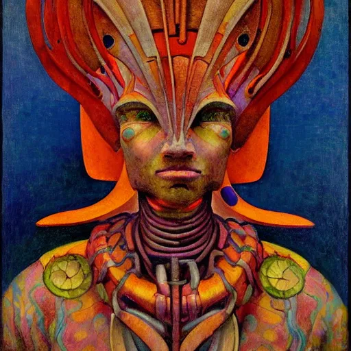 Image similar to portrait of a robot shaman, by annie swynnerton and edward hopper and jean delville and rufino tamayo and evelyn de morgan, art deco shaman, stylized geometric flowers, art brut, outsider art, symbolist, dramatic lighting, god rays, clean crisp graphics, smooth sharp focus, extremely detailed, adolf wolfli