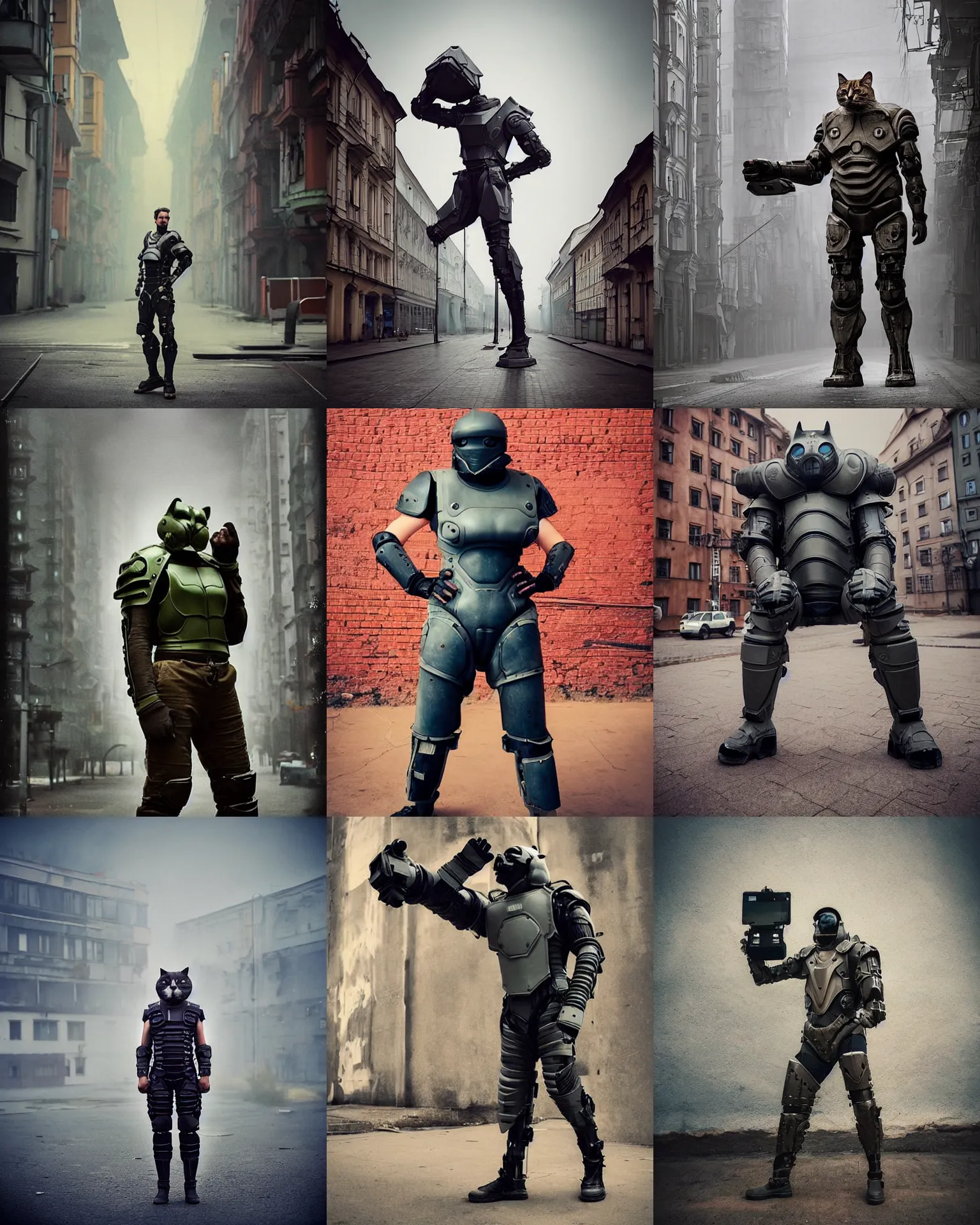 Prompt: epic pose!!! giant oversized battle sci - fi futuristic body armor hulded anthropomorphic cat rugged hulked, in legnica, full body, cinematic focus, polaroid photo, vintage, neutral dull colors, soft lights, foggy mist, by oleg oprisco, by thomas peschak, by discovery channel, by victor enrich, by gregory crewdson
