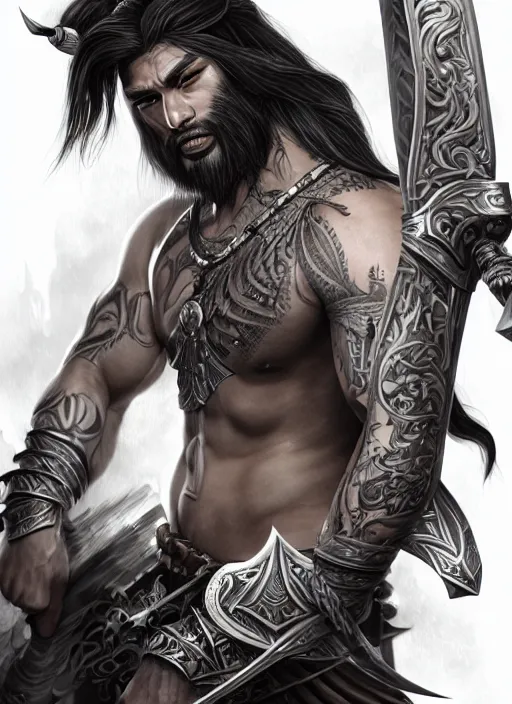 Prompt: a highly detailed illustration of serious long haired tattooed asian tribal warrior man with blade, heroic wielding blade pose, muscular, intricate, elegant, highly detailed, centered, digital painting, artstation, concept art, smooth, sharp focus, league of legends concept art, wlop.