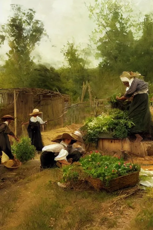 Image similar to simple amish farmers tending to their cottage vegetable gardens, art by anders zorn, wonderful masterpiece by greg rutkowski, beautiful cinematic light, american romanticism thomas lawrence, greg rutkowski