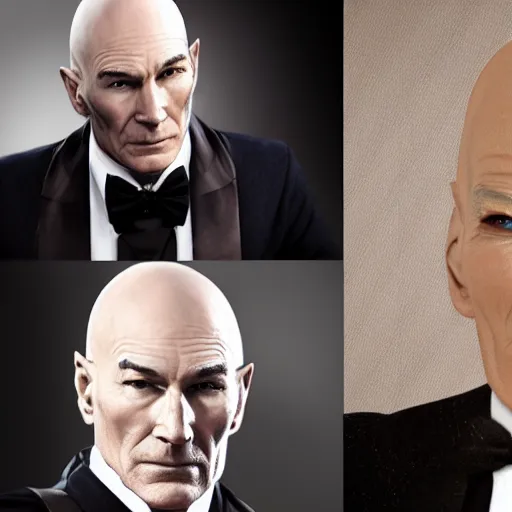 Image similar to older fantasy butler that looks similar to michael kane and patrick stewart, full body portrait, handsome, 4 k, detailed, photo realistic, balding, well dressed, pet rat on shoulder