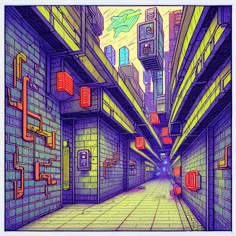 Image similar to an absurdly-detailed isometric cyberpunk alleyway colored-pencil drawing as a fancy square tile