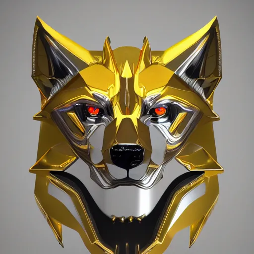 Image similar to chrome and gold wolf, glossy, metallic, neon, symmetrical, tribal patterns, realistic, unreal engine, octane, redshift, artstation, behance