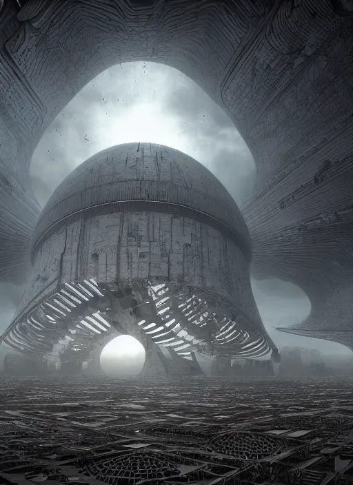 Prompt: moody landscape, exoplanet, abandoned alien megastructure designed by peter gric, towering skeletal temple skyscrapers, hr giger, zaha hadid, post industrial, beksinski, kubrick, black clouds, octane render, cinematic,