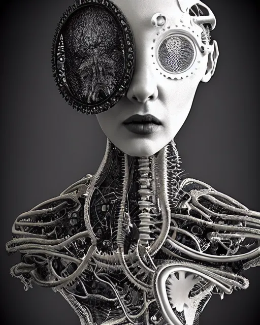Image similar to black and white dreamy foggy smoky profile face portrait, one silver steampunk eye biomechanical beautiful young female cyclope - cyborg - robot bust, body ribs meshes,, volumetric light, hibiscus flowers, by hg giger, rim light, by dora maar and cecile beaton, big gothic fashion pearl embroidered collar, 8 k