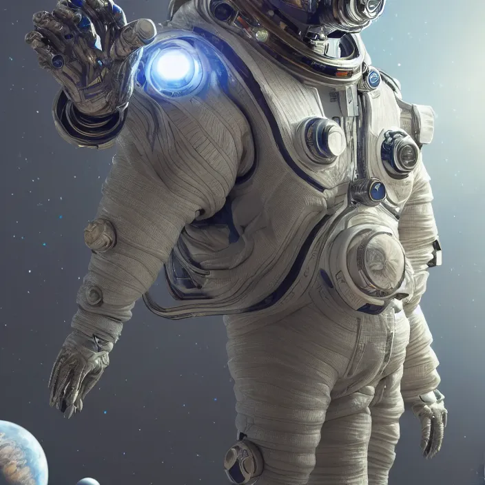 Prompt: very detailed portrait of a majestic eld, dressed in a spacesuit, sci - fi, futuristic, details, intricate, octane render, redshift, smooth, illustration, fairy lighting, stars and planets in the background, hyperrealistic, by dmitry prozorov, loish, and wlop, trending on artstation, hyperdetailed, hyperrealism