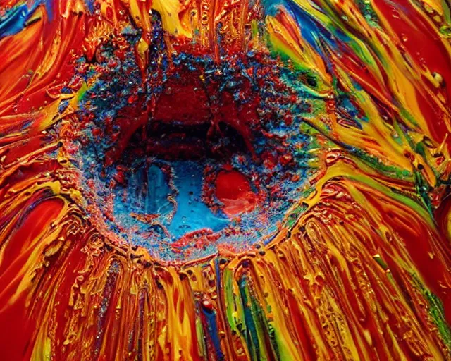 Image similar to still shot close up footage of the portrait of a human head exploding and disintegrating into acrylic pour and splashing paint and dripping paint, painful emotions, motion blur, hyperrealistic, medical, intricate art photography, anatomically correct, realistic crisp textures, 1 6 k