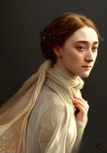 Image similar to saoirse ronan intricate, elegant, highly detailed, digital painting, artstation, concept art, smooth, sharp focus, illustration, art by artgerm and greg rutkowski and alphonse mucha and william - adolphe bouguereau