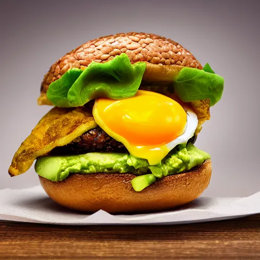 Prompt: juicy vegan hamburger topped with avocado and onion and a vegan fried egg, little chicken head inside the hamburger, crispy buns, 8 k resolution, professional food photography, studio lighting, sharp focus, hyper - detailed