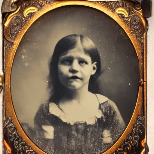 Image similar to tintype photo of a creepy girl holding a squid with a burning barn in the background