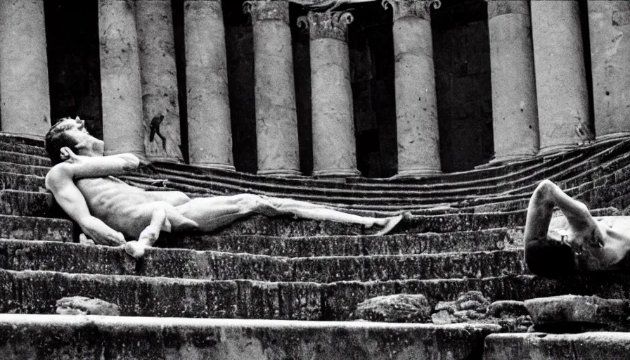 Image similar to 1 9 6 0 s movie still close - up of caligula laying dead on the ancient amphitheater's stairs bloody corpse, cinestill 8 0 0 t 3 5 mm, high quality, heavy grain, high detail, dramatic light, anamorphic