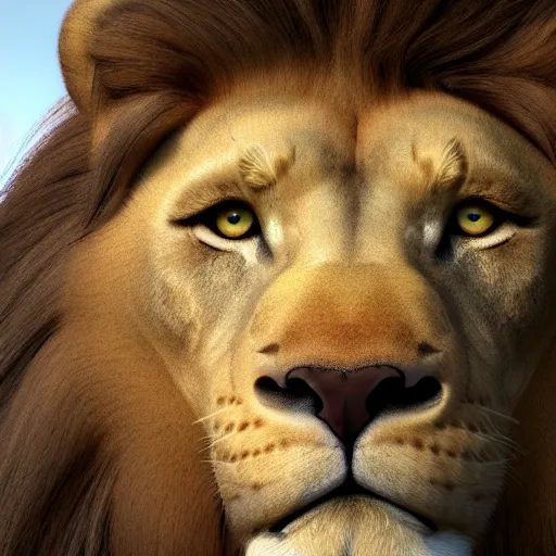 Image similar to a man with a lion head, zoom out, smooth, 8k, unreal engine 5, digital art