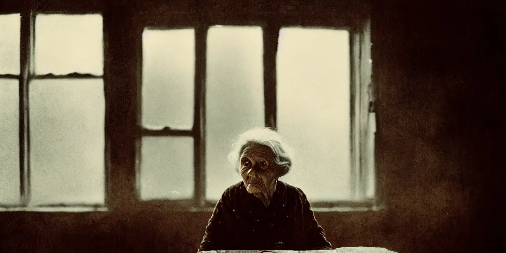 Image similar to portrait bust of old woman sitting at table, hands in pockets, looking outside, tired expression, faded color film, russian cinema, tarkovsky, technicolor, inside old cabin, next to window, heavy forest outside, long brown hair, old clothing, heavy fog, brown color palette, sunset, low light, hudson river school, 4 k, dramatic lighting