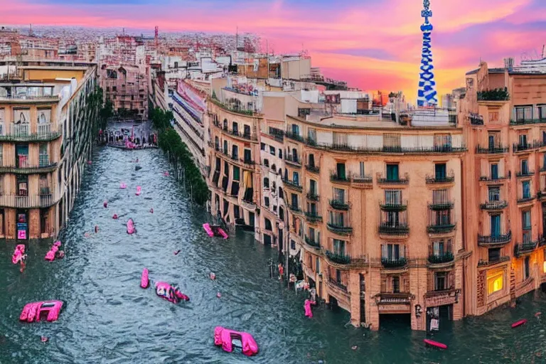 Image similar to touristic ads to visit a catastrophic barcelona, buildings covered with high water, floating cars, sunset lighting, photo real