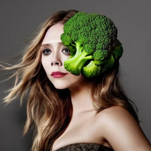 Image similar to elizabeth olsen has a [ [ head made of broccoli for a face ] ]!!, trending on cgsociety, 4 k quality, intricate