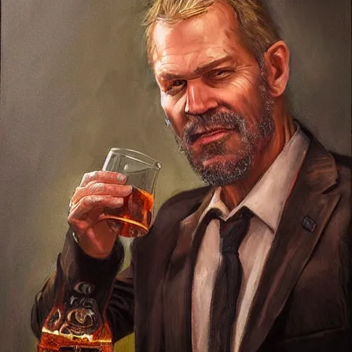 Prompt: modern oil body portrait of old wrinkled gunslinger jack having a whiskey at western saloon, very very very very very beautiful art, masterpiece, realistic and detailed, artstation, artificial lightning