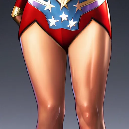 Image similar to Lynda Carter wonder woman, busty, small waistline, too thick thighs, LeraPI official art, digital art, artstation , highly detailed , 4k , cinematic lighting