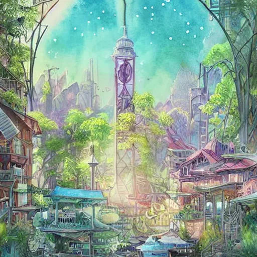 Prompt: Beautiful happy picturesque charming sci-fi town in harmony with nature, year 2100. Beautiful light. Water and plants. Nice colour scheme, soft warm colour. Beautiful detailed watercolor by Lurid. (2022)