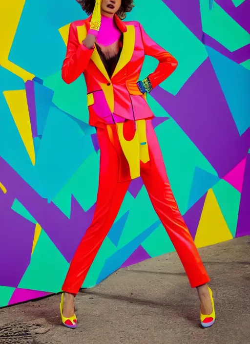 Image similar to bright trouser suit for a rave, bright colors, many details, prints, photo for a magazine, photo for a store, fashion photography, Vogue, 135 mm, cinematic, hyper realism, high detail, 8k, Two models in the frame, dynamic pose,Smooth skin, perfect face