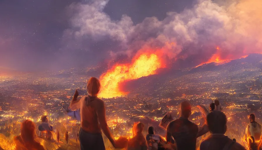 Image similar to people in a hill watching los angeles on fire, hyperdetailed, artstation, cgsociety, 8 k