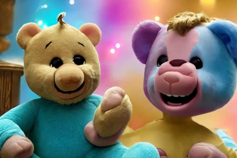 Prompt: movie still of Tom Hardy from a live action carebear film