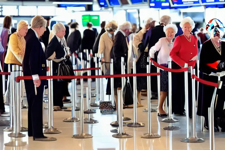 Image similar to the queen queue jumping the line at check in an airport