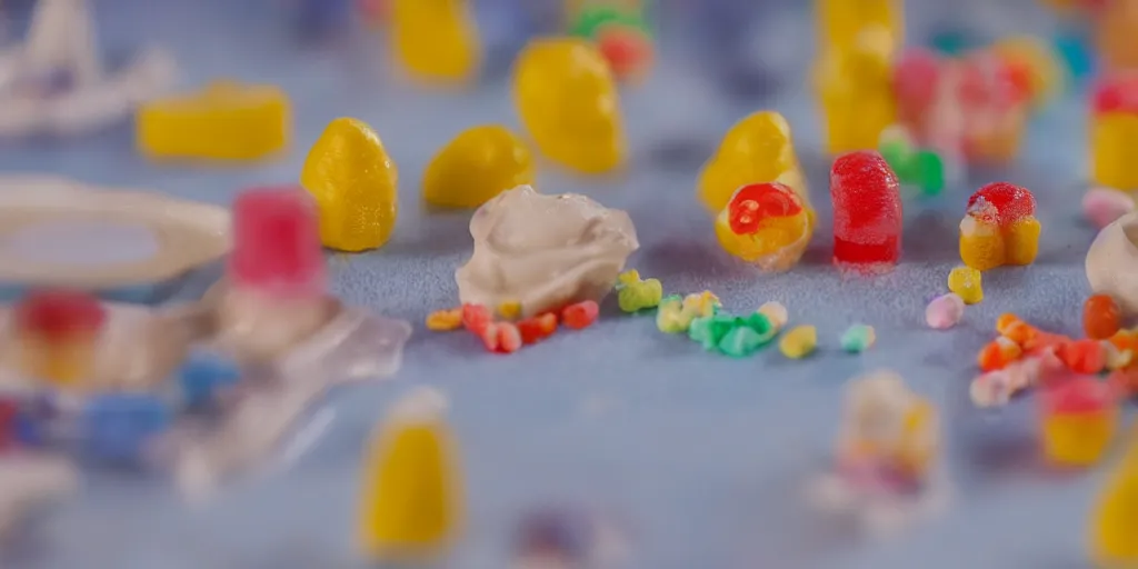 Image similar to a cinematic film still of a claymation stop motion film about a town made of lemons and candy, shallow depth of field, 8 0 mm, f 1. 8