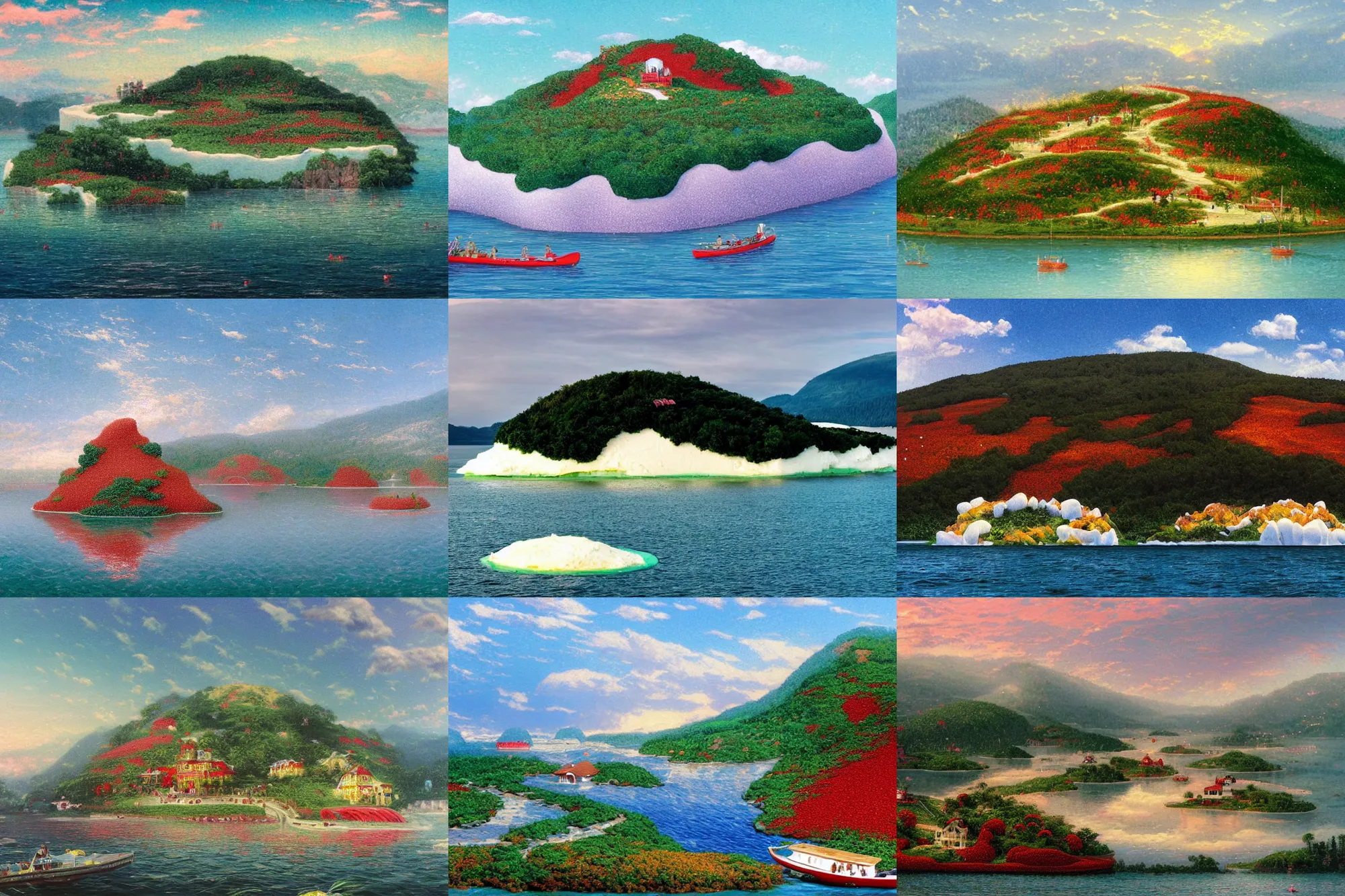 Prompt: an island made of red caviar, in the center of this island there are several long hills made of white ice cream, the water around this island is made of coca - cola ( dark brown water ), the photo was taken from a boat, lemon slices float on the water, by thomas kinkade