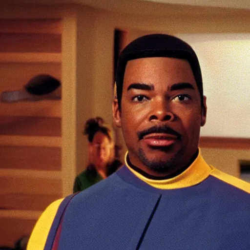 Image similar to Geordi La Forge wearing visor and a colander and random kitchen tools on his head