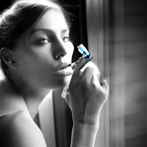 Image similar to Live Action Still of Jerma985 in a film of a beautiful model woman smoking a cigarette by the window, black and white, hyperrealistic, ultra realistic, realistic, highly detailed, epic, HD quality, 8k resolution, body and headshot, film still