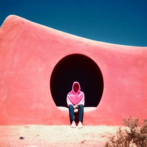 Image similar to a man wearing a pink hoodie sitting outside a Non-Euclidean orb-like clay house sitting in the desert, vintage photo, beautiful cinematography, blue sky, film grain, James Turrell