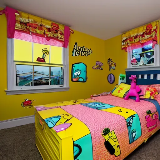 Image similar to A high quality photograph of a SpongeBob themed bedroom