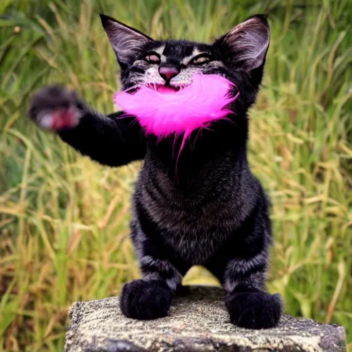 Prompt: a dwarf tabaxi, black fur, wearing pink flip flops, laughing hysterically