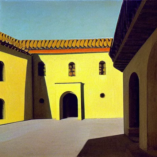 Image similar to in the distance, a little girl with short black hair and wearing a yellow coat alone in the inner courtyard of an abbey, the light is bright and wintry, painting by hopper and de chirico