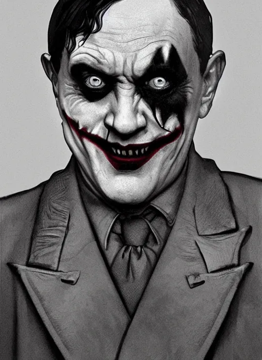 Prompt: a still of Hitler as the Joker in Joker 2020, realistic, Gotham city, sigma male, accurately portrayed, portrait art by alphonse mucha and greg rutkowski, highly detailed, digital painting, concept art, illustration, dim lighting with twilight rays of sunlight, trending on artstation, very detailed, smooth, sharp focus, octane render, close up