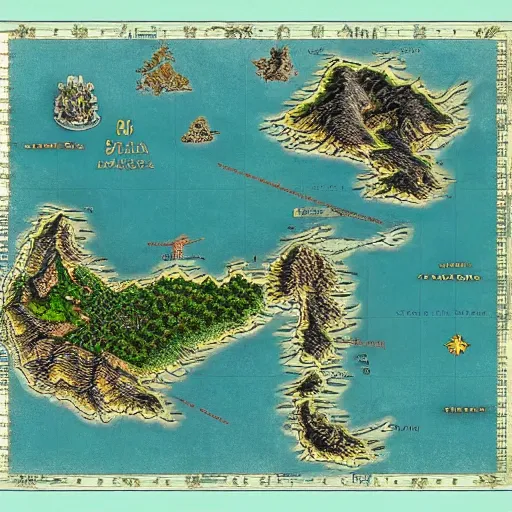 Image similar to isometric view of southeast asia, high - detail, high accuracy, in style of middle earth map, lord of the ring, fantasy,