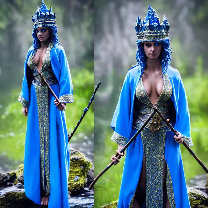 Prompt: photograph of a real-life beautiful elemental water witch with ornate blue robes and staff. Extremely detailed. 8k