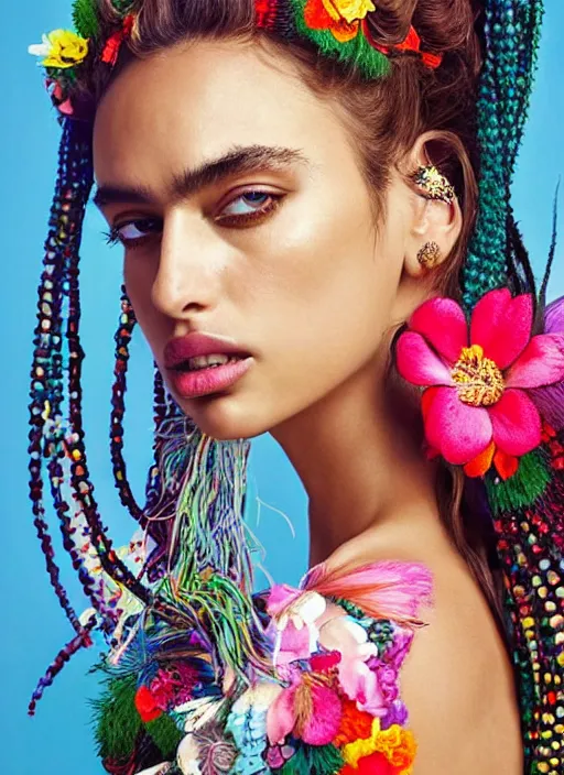 Prompt: beautiful portrait of Irina Shayk wearing fantastic Hand-dyed cotton dress, embellished beaded feather decorative fringe knots ,colorful pigtail,subtropical flowers and plants,summer,dramatic lighting,symmetrical face,intricate,elegant,highly detailed,8k,post-processing,digital painting,trending on pinterest, GUCCI,PRADA,concept art, sharp focus, illustration, by artgerm,Tom Bagshaw,Lawrence Alma-Tadema,greg rutkowski,alphonse Mucha