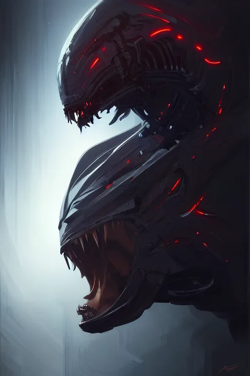 Image similar to professional concept art portrait of a predatory robotic species in a dark room by artgerm and greg rutkowski. an intricate, elegant, highly detailed digital painting, concept art, smooth, sharp focus, illustration, in the style of cam sykes.