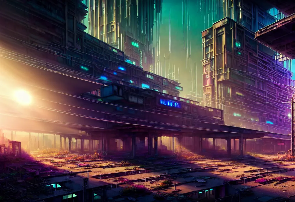 Image similar to A highly detailed crisp unreal engine render of wide view photo of A beautiful futuristic cyberpunk abandoned dystopia city building with futuristic bright lights, plants allover , godray, sunlight breaking through clouds, clouds, debris on the ground, abandoned machines bright happy colors, chaotic , nitid horizon, factory by wangchen-cg, 王琛,Neil blevins, artstation, Gediminas Pranckevicius