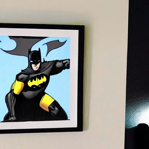 Prompt: a hamster admiring a photo of Batman that hangs on a wall