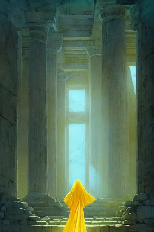 Prompt: possessed woman wearing an ancient greek tunic made of yellow paper, stephen bliss, fantasy art by greg rutkowski, rhads, ferdinand knab, makoto shinkai and lois van baarle, ilya kuvshinov, rossdraws, tom bagshaw, global illumination, radiant light, ancient greek temple ruins, green blue color theme